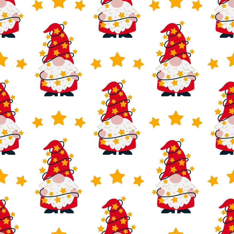 Cute Christmas gnome seamless vector pattern. A funny gray-haired elf with a beard holds a garland with stars, holiday lights. Santa Claus helper in a stocking cap, red suit. Flat cartoon background