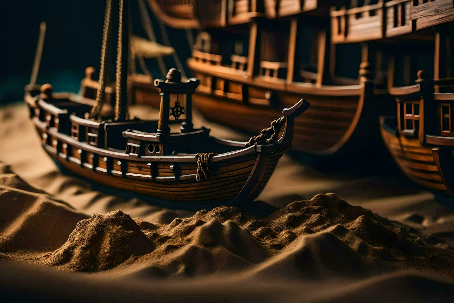 a model of a wooden ship on sand. AI-Generated photo