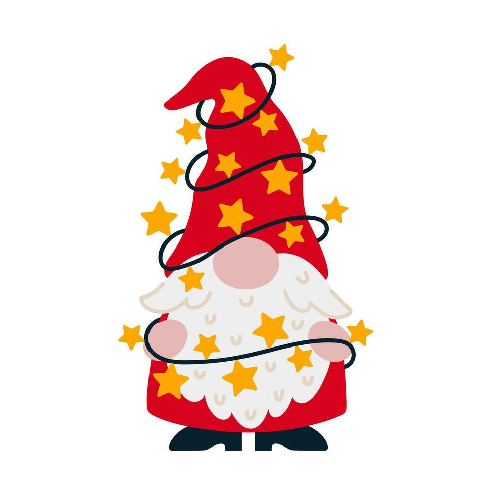 linda Navidad gnomo vector ilustración. un gracioso duende con un barba sostiene un guirnalda con estrellas, fiesta luces. Papa Noel claus ayudante en un media gorra, rojo traje. plano dibujos animados clipart aislado en blanco