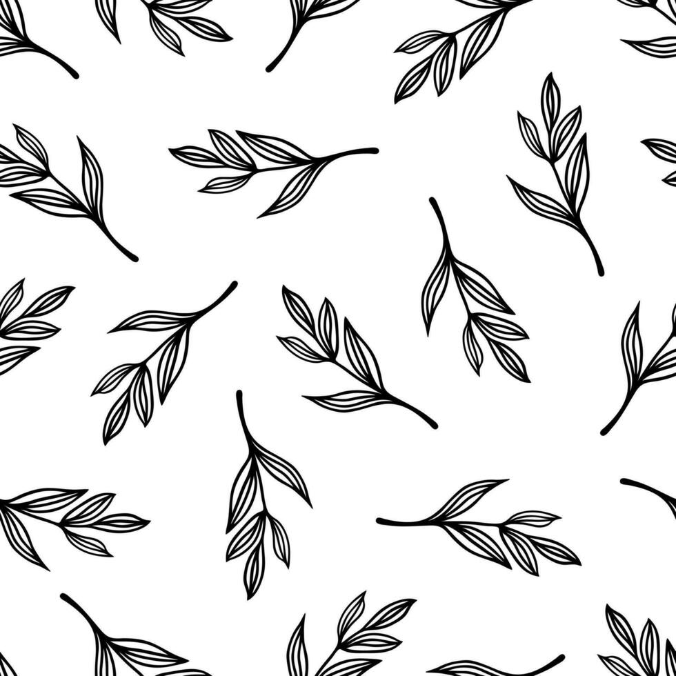 A branch with leaves seamless vector pattern. Twigs of a forest or garden tree. Fresh field plant, meadow herb. Hand drawn botanical doodle. Floral black and white background for posters, print, web