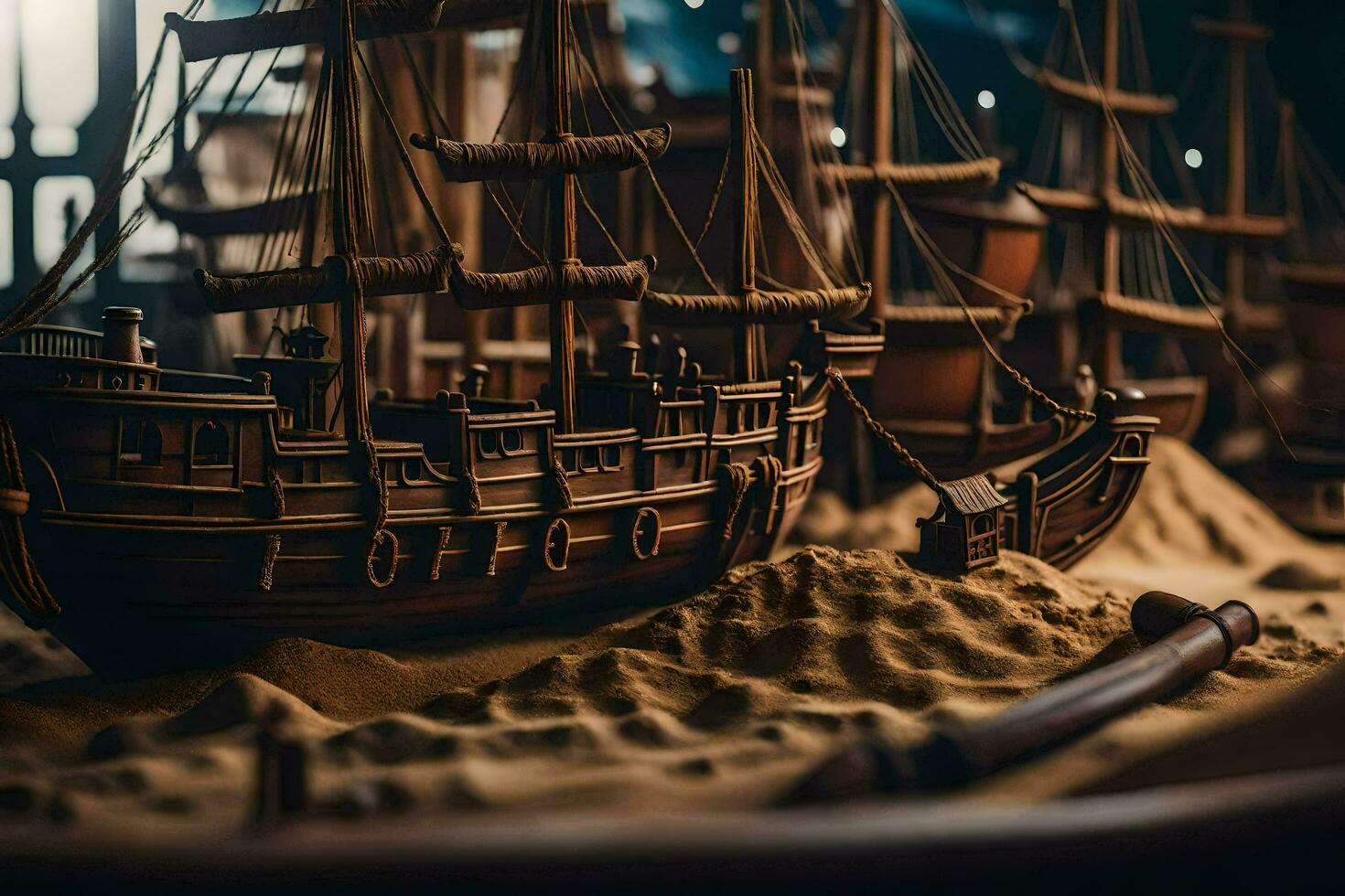 a model of a ship in the sand. AI-Generated photo