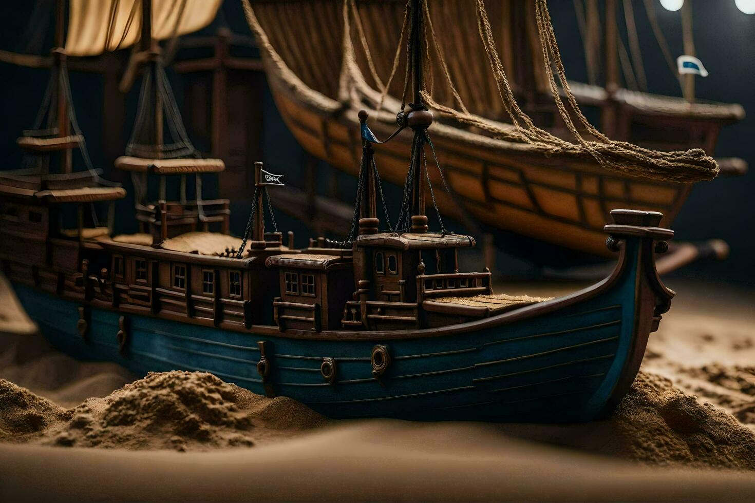 a model of a ship in the sand. AI-Generated photo