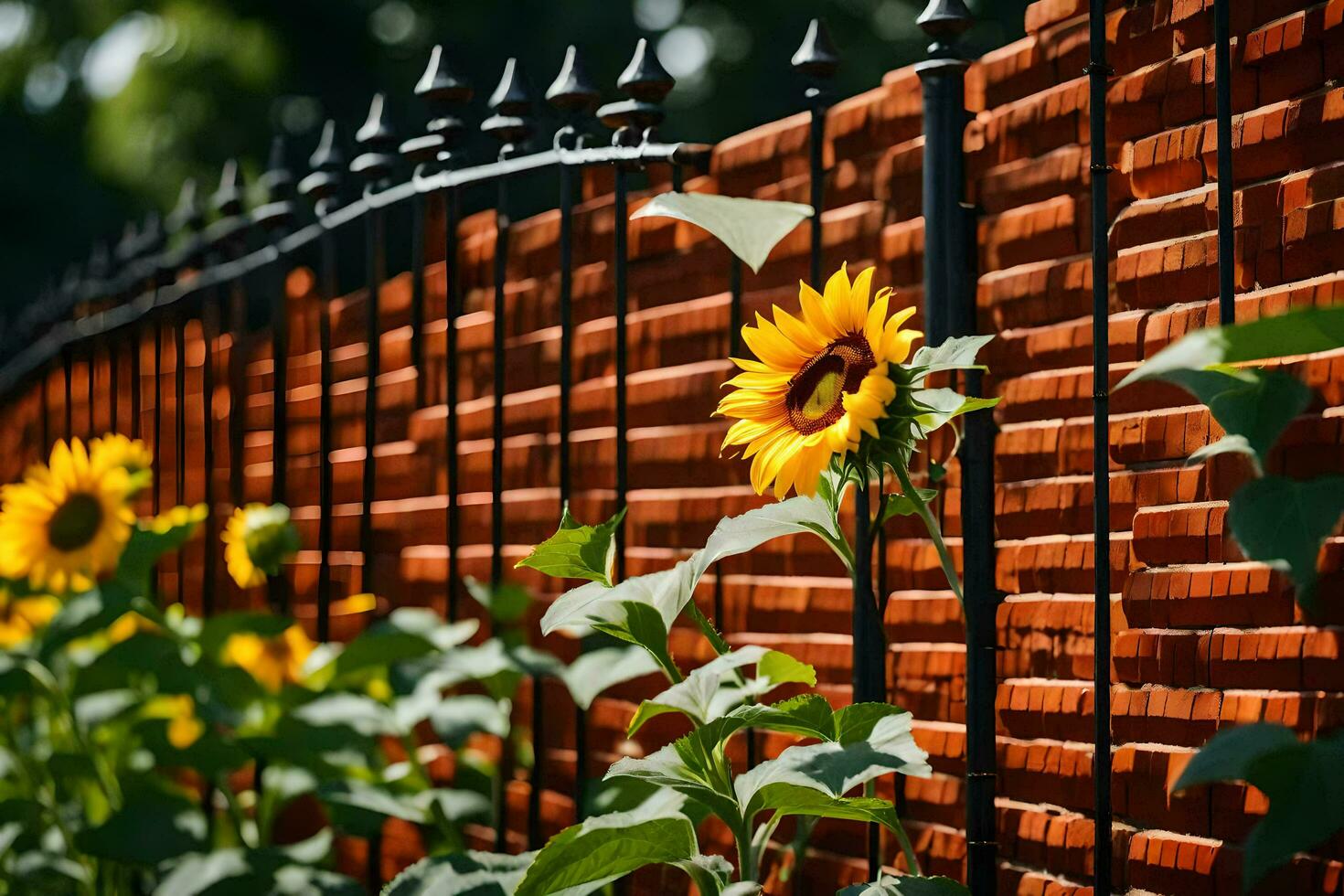 a sunflower is growing in front of a brick fence. AI-Generated photo