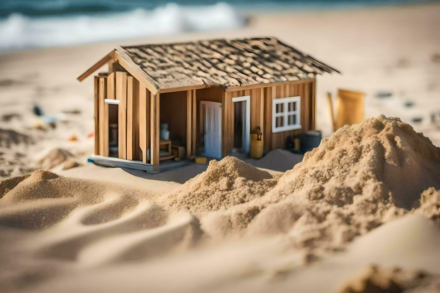 a miniature house on the beach with sand. AI-Generated photo