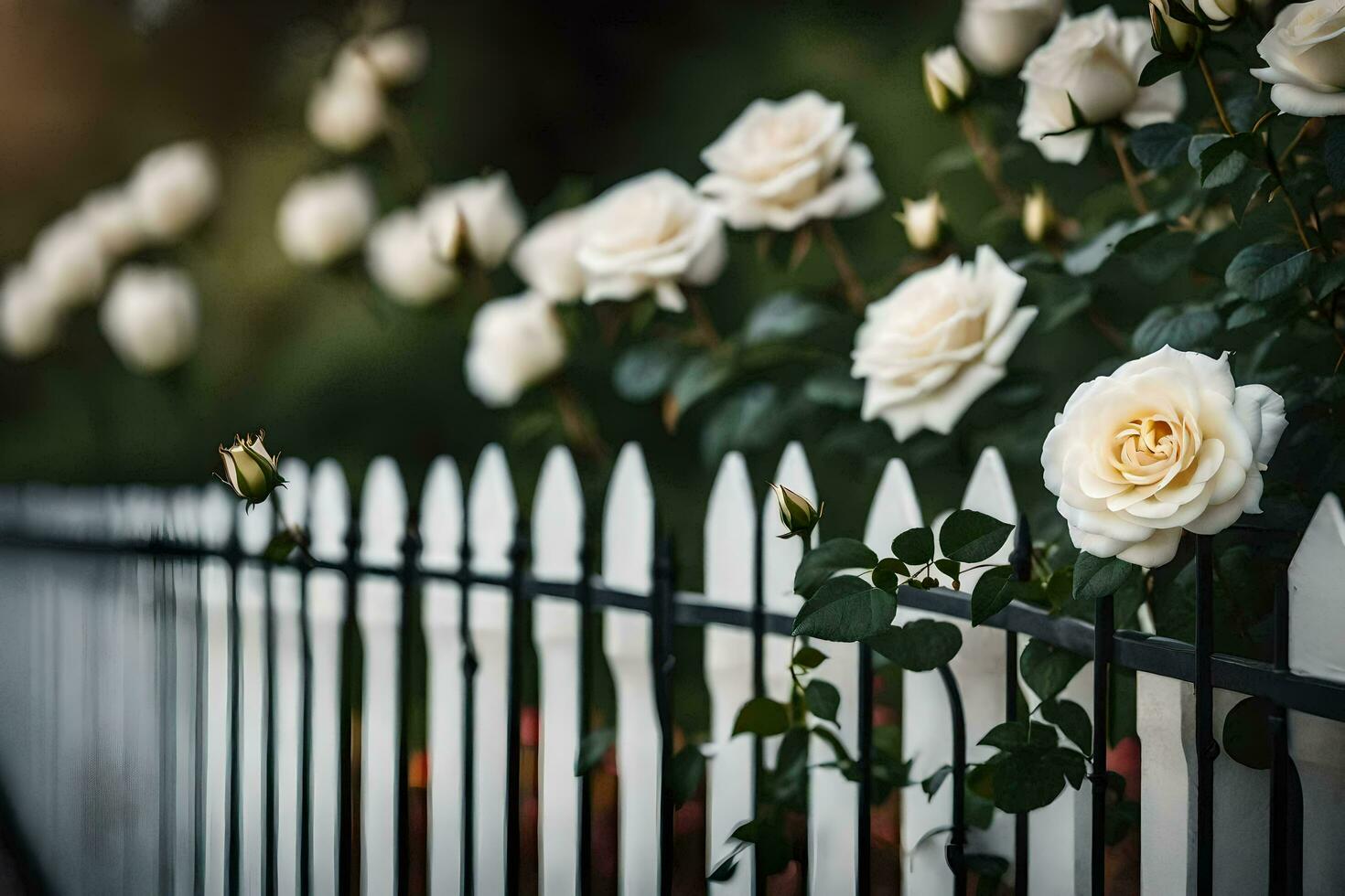 white roses are growing on a fence. AI-Generated photo