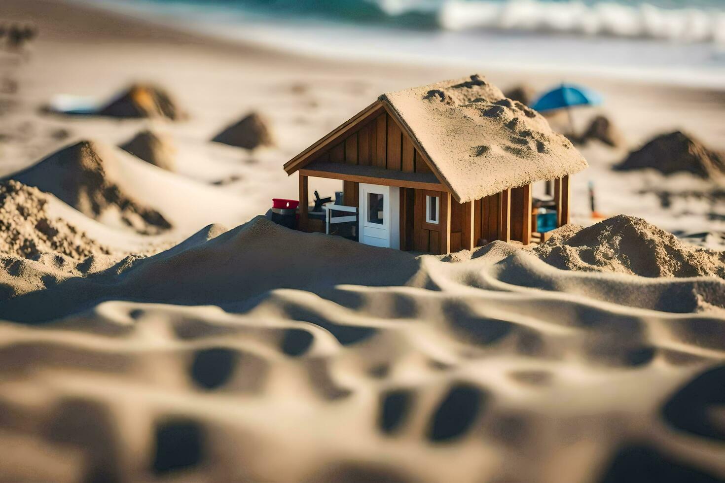 a miniature house on the beach with sand. AI-Generated photo