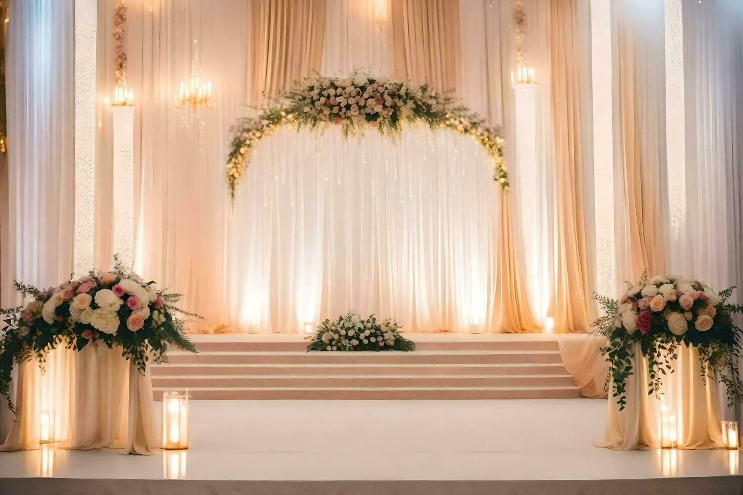 un Boda ceremonia con un etapa y flores generado por ai foto