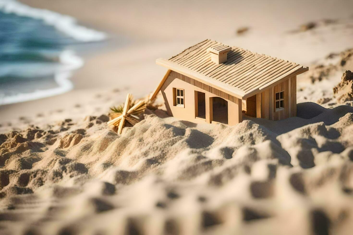 a miniature house is sitting on the sand near the ocean. AI-Generated photo