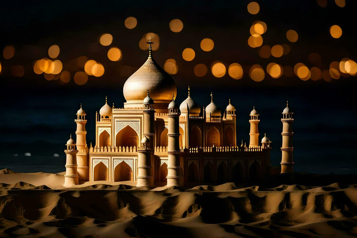 a model of a taj mahal in the sand. AI-Generated photo