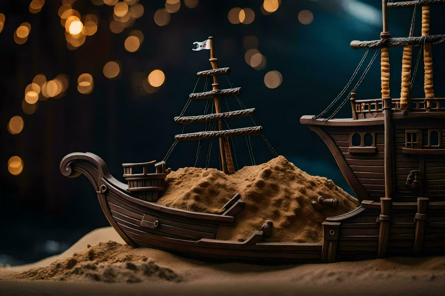 a model ship is sitting on sand in front of a light. AI-Generated photo