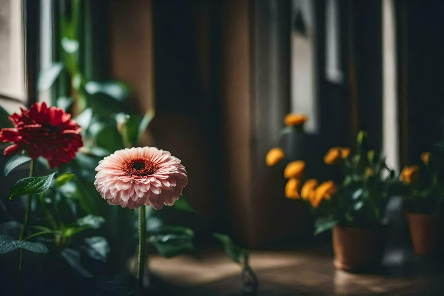 rosado flor en un maceta en un antepecho. generado por ai foto