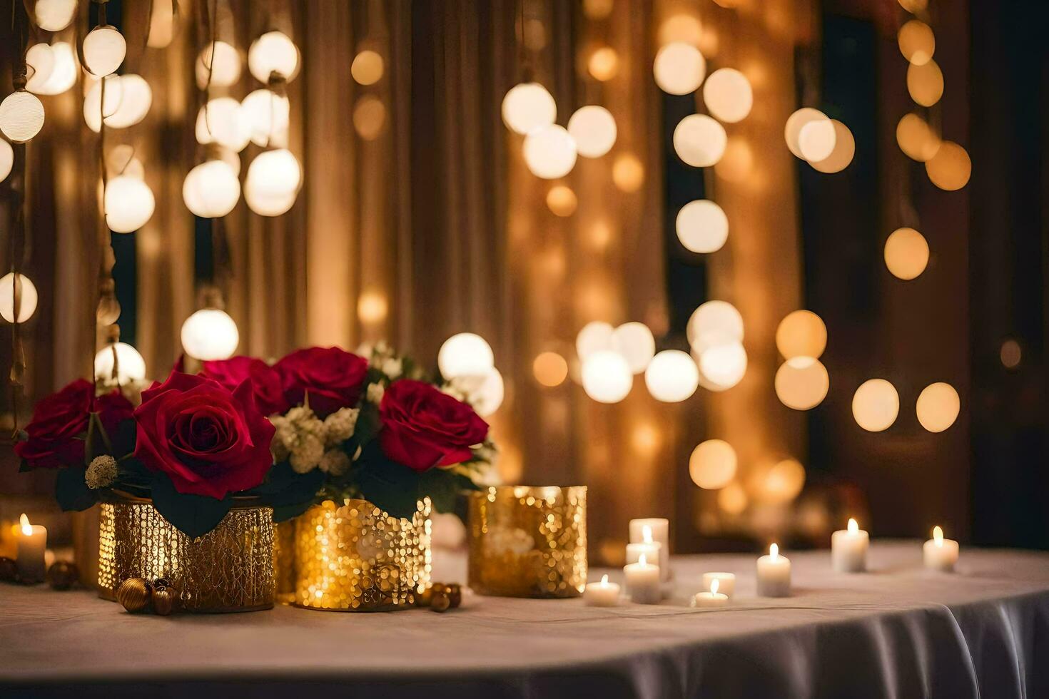 a table with candles and roses on it. AI-Generated photo