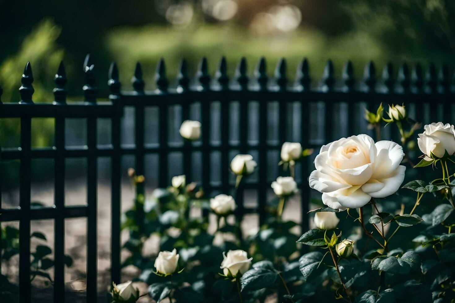 white roses in front of a black fence. AI-Generated photo