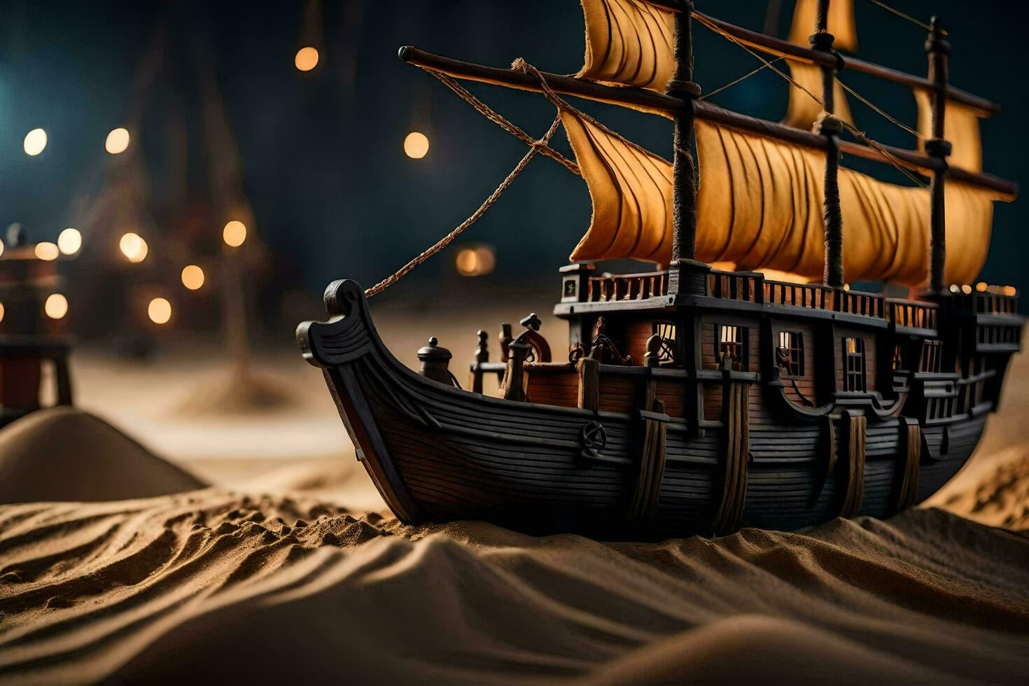 a model ship in the desert with lights. AI-Generated photo