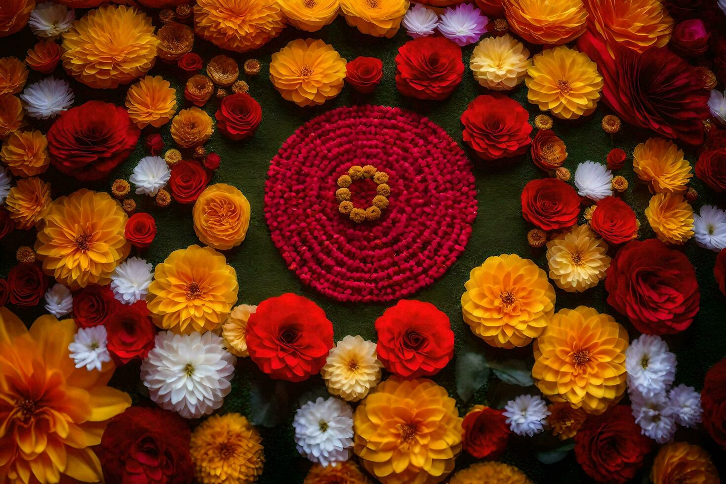 un flor arreglo hecho de rojo, amarillo y blanco flores generado por ai foto