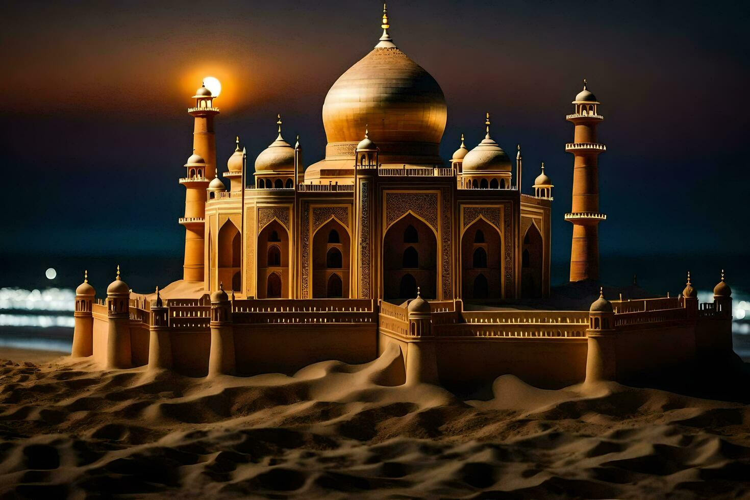 a sand castle is shown in the desert at night. AI-Generated photo