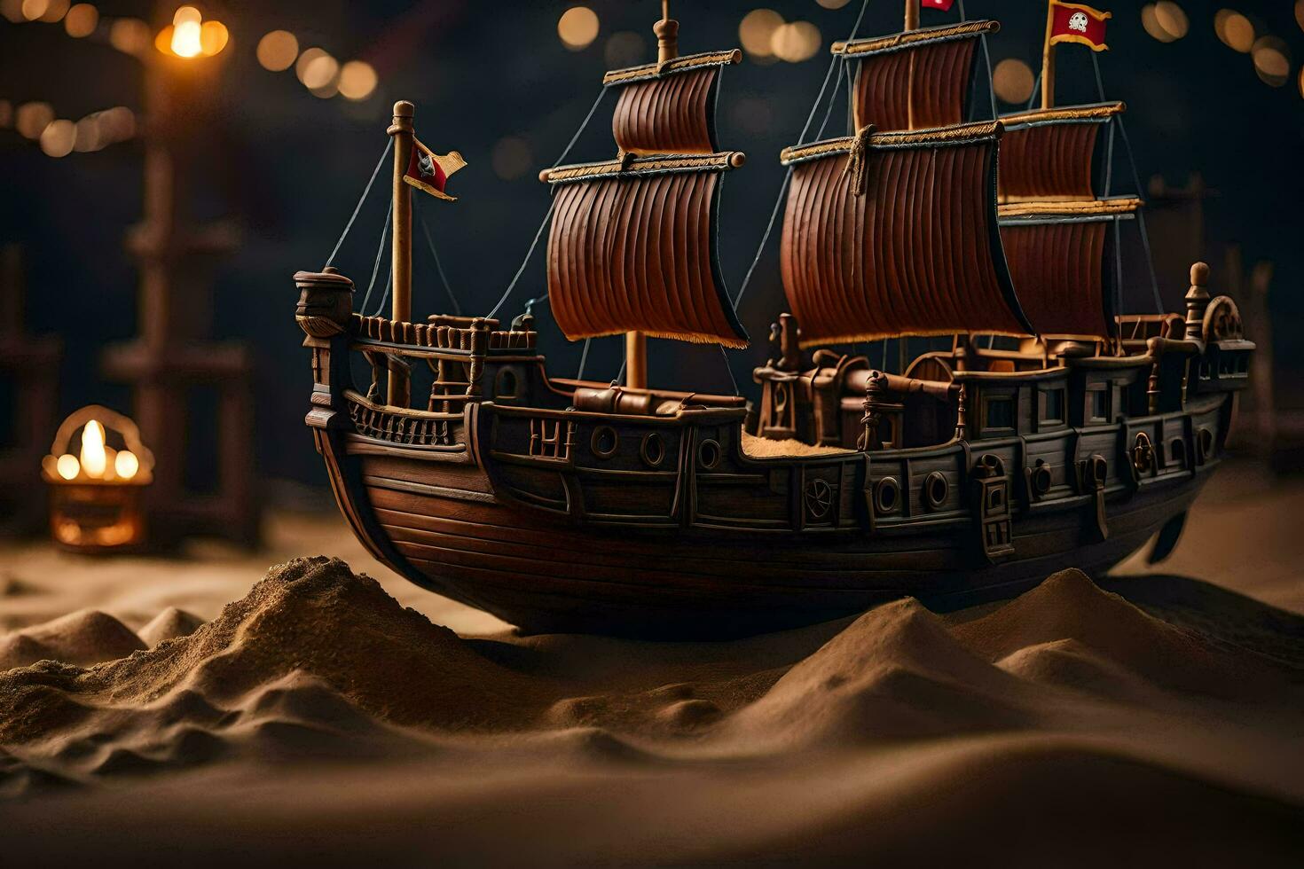 a model of a pirate ship in the sand. AI-Generated photo
