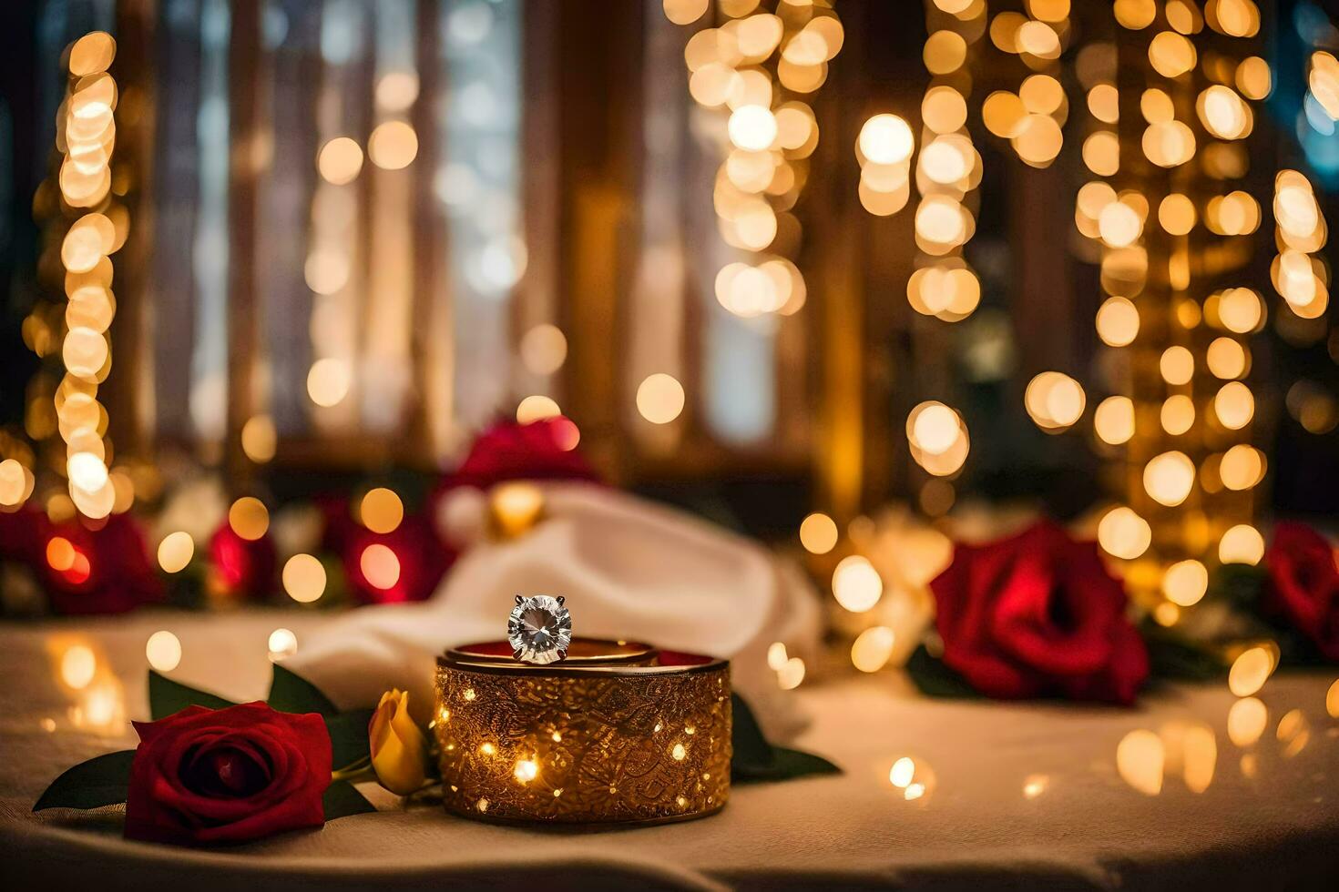 wedding rings on a table with red roses. AI-Generated photo