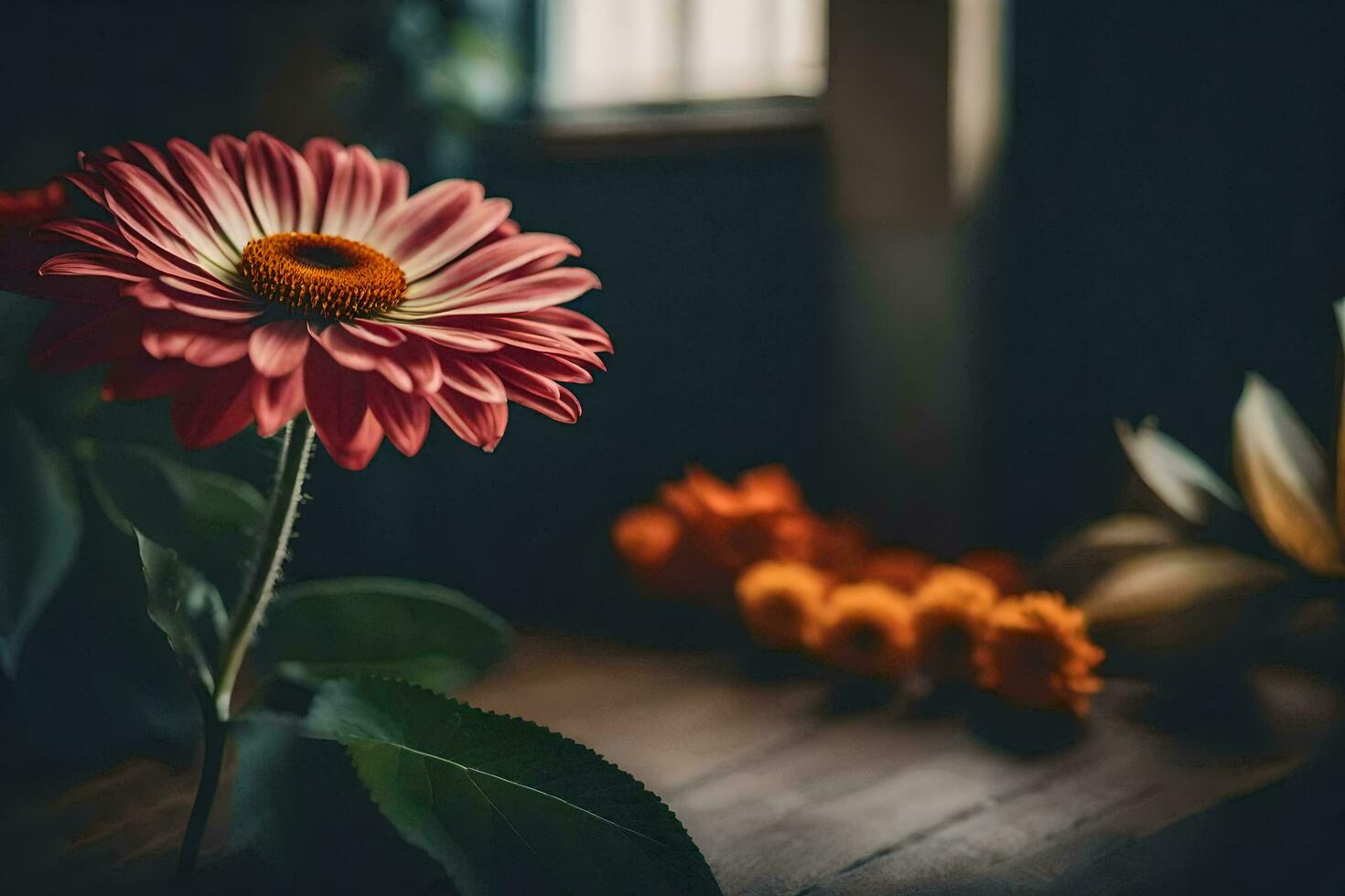 un soltero rosado flor se sienta en un de madera mesa. generado por ai foto