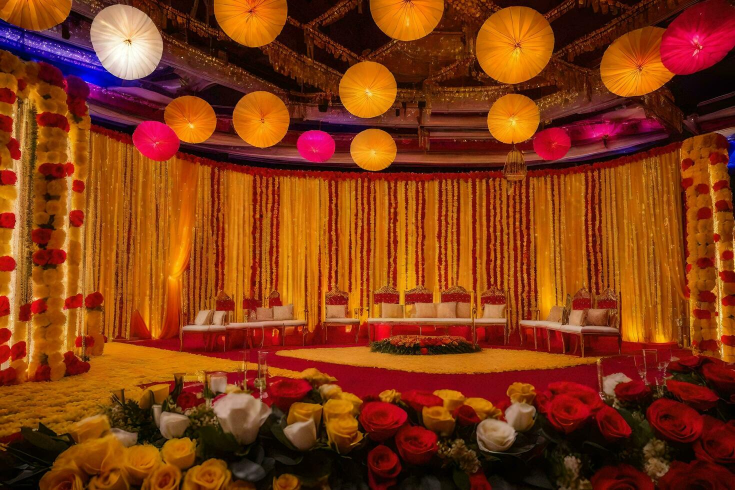 a wedding stage decorated with yellow and red flowers. AI-Generated photo