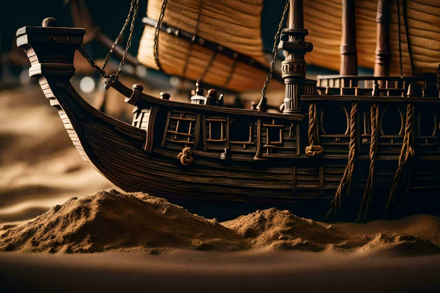 a model of a ship in the sand. AI-Generated photo