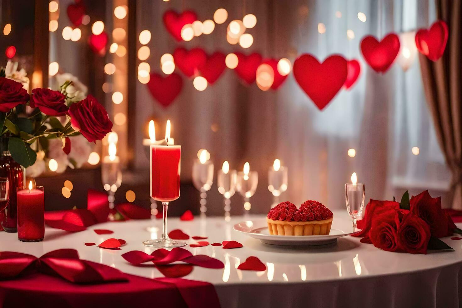 valentine's day table setting with candles and red hearts. AI-Generated photo