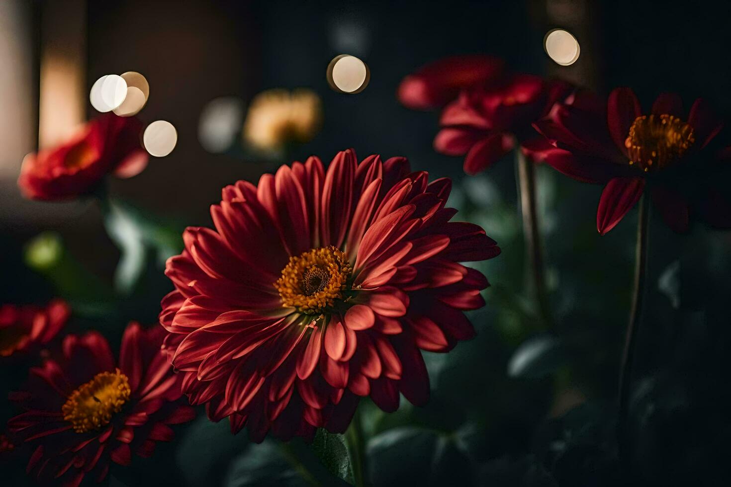 rojo flores en un florero con luces en el antecedentes. generado por ai foto