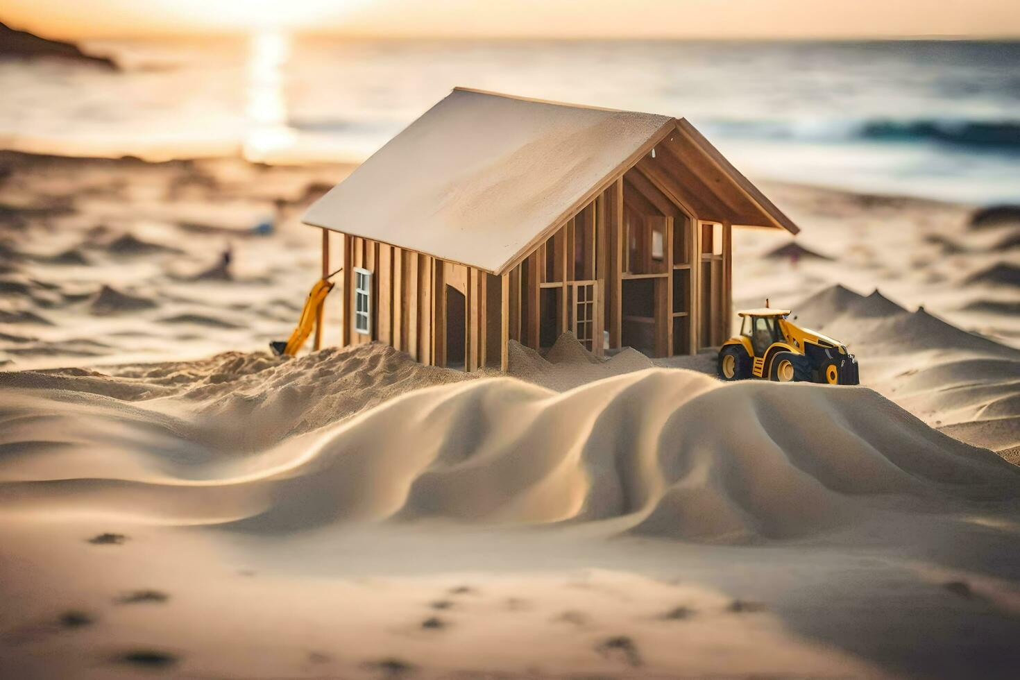 a miniature house in the sand with a tractor. AI-Generated photo