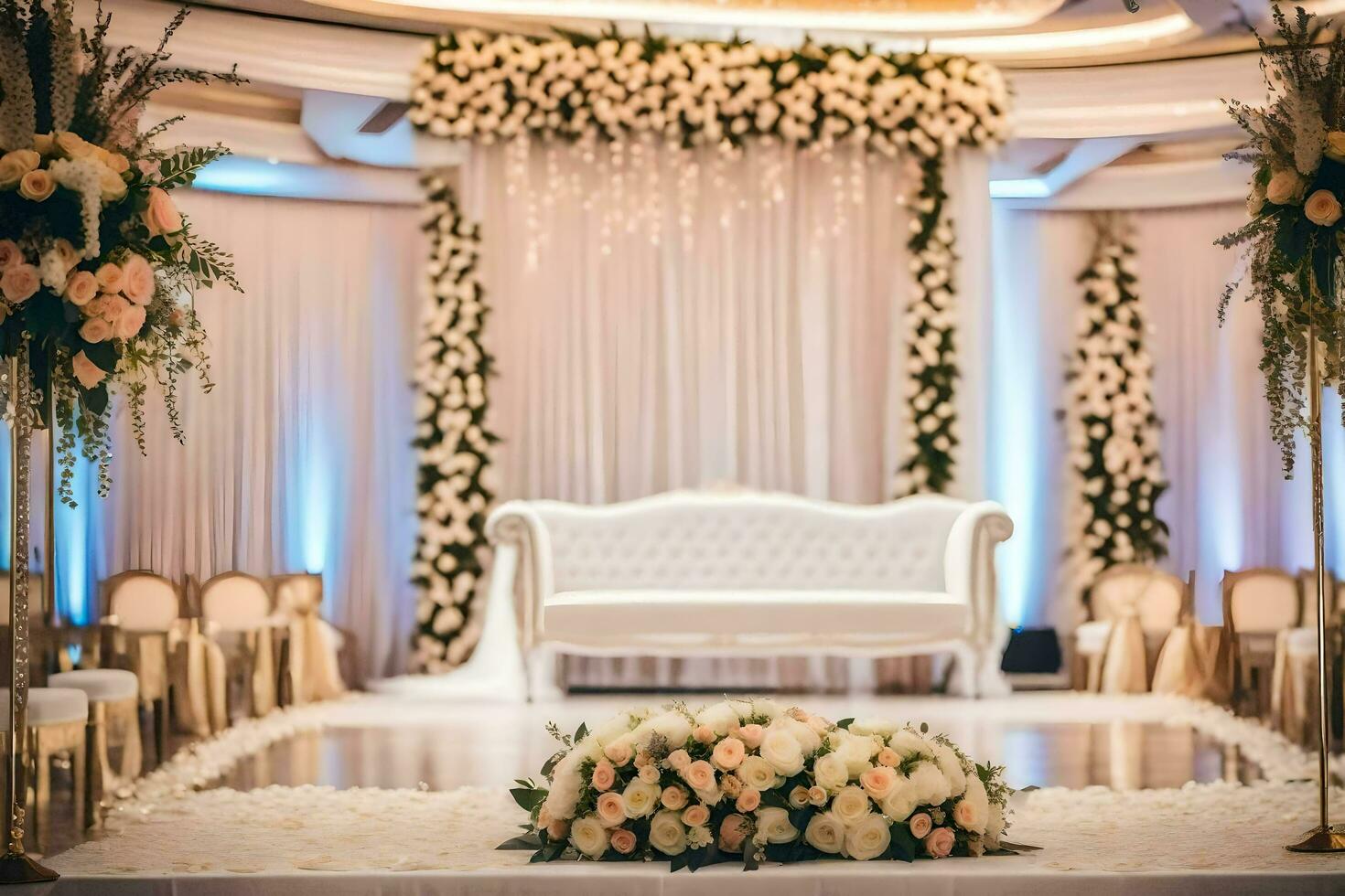 a wedding ceremony with a white couch and floral arrangements. AI-Generated photo