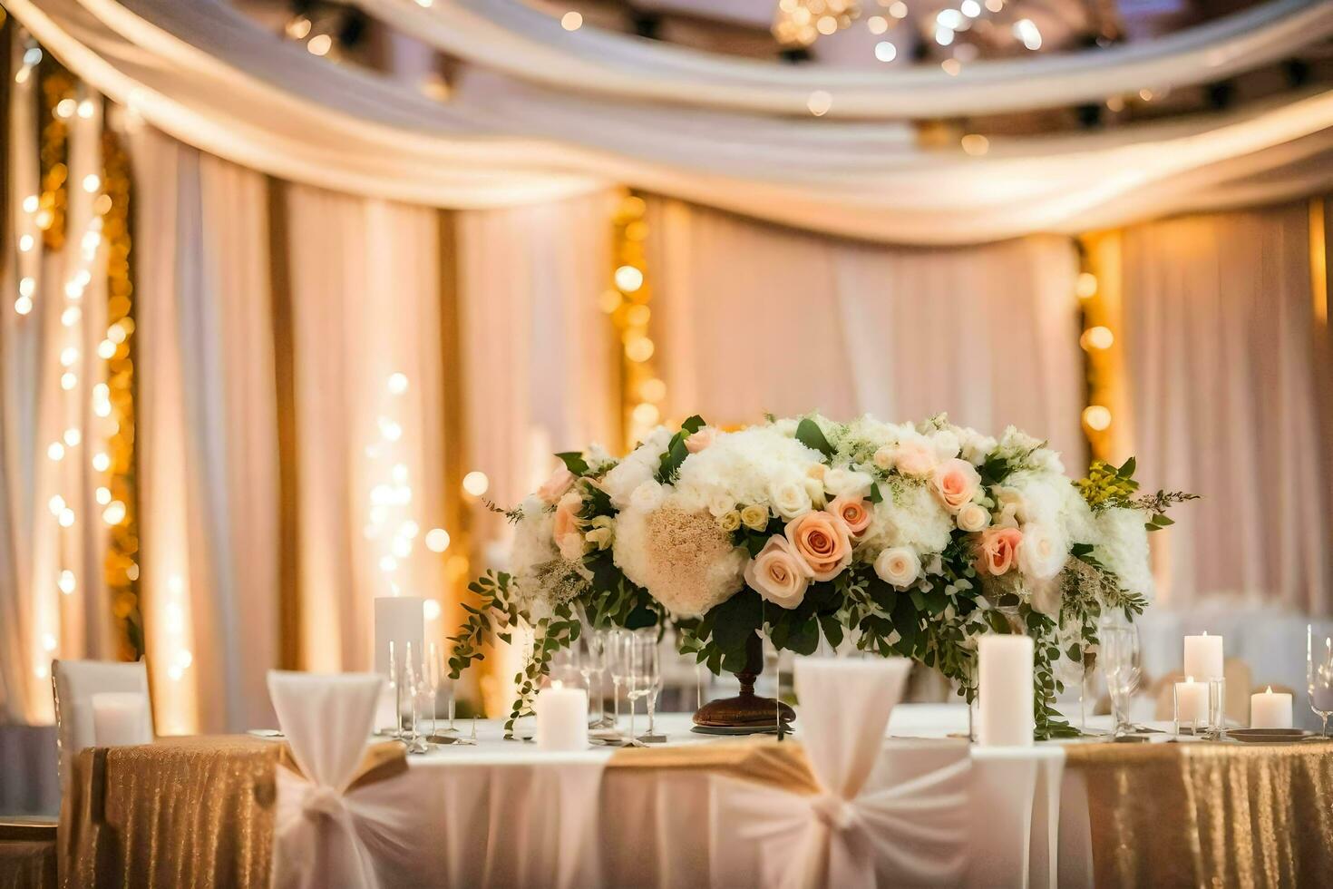 a wedding reception table with gold and blush flowers. AI-Generated photo