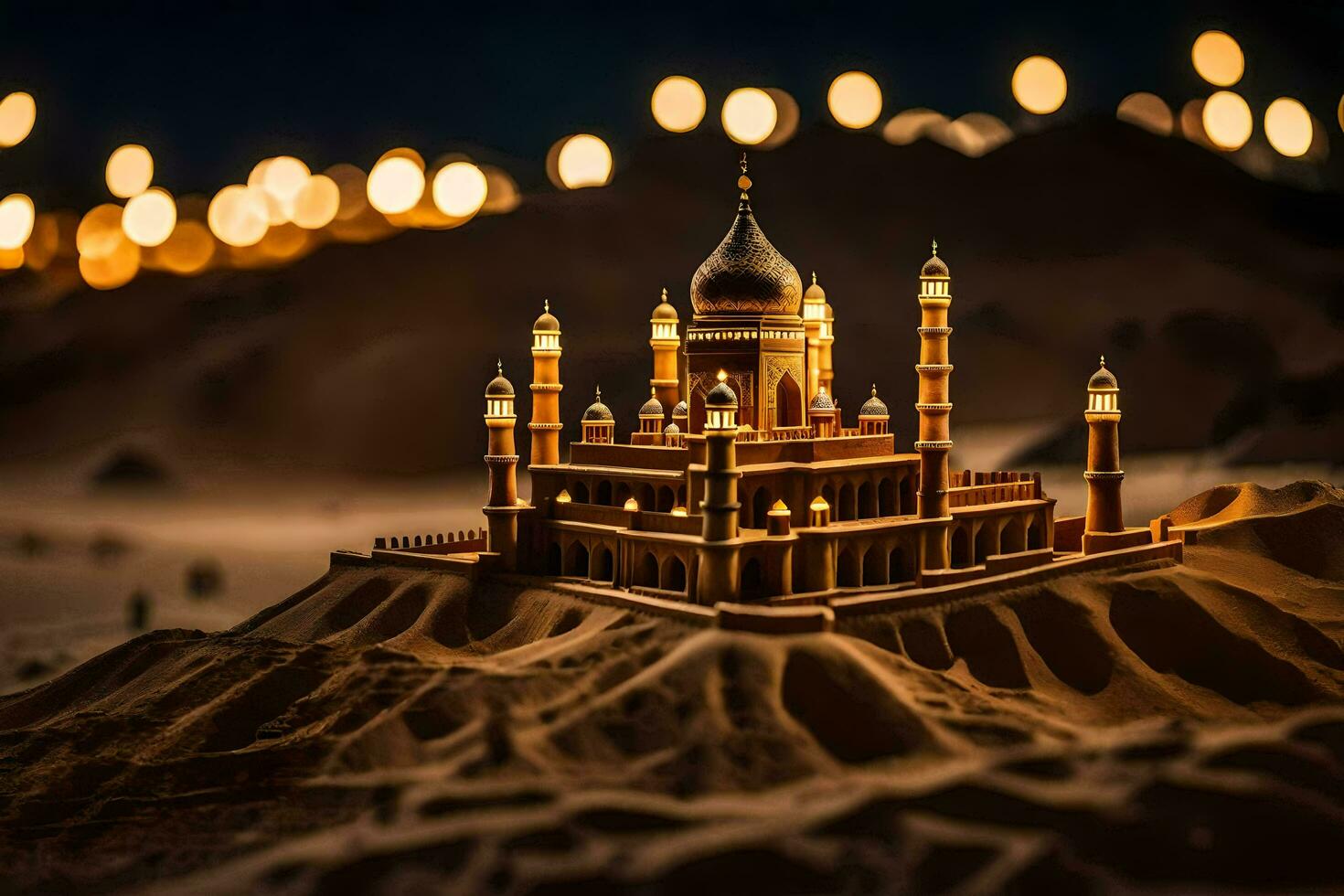 a model of a mosque in the desert at night. AI-Generated photo