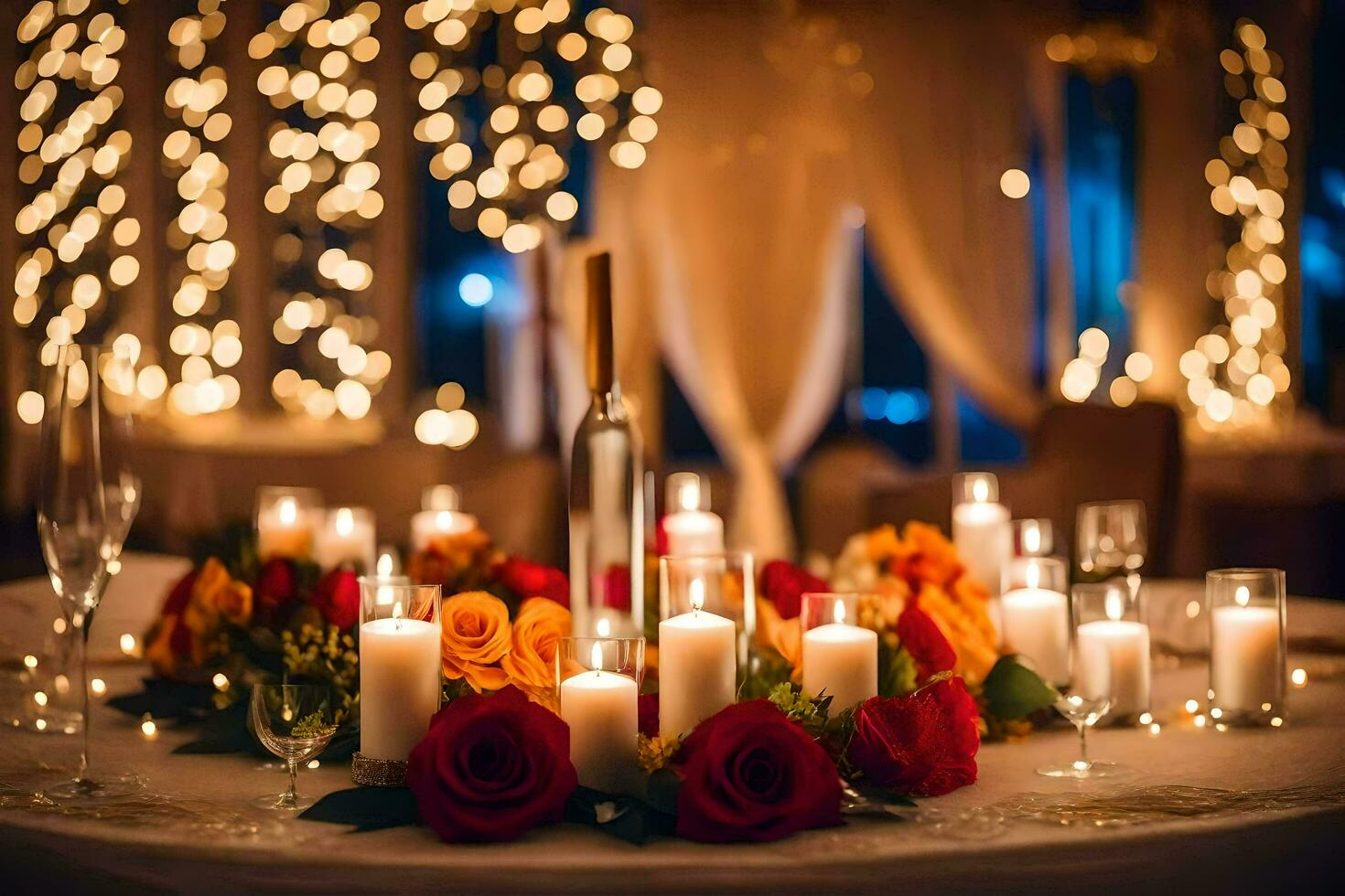 a table with candles and flowers in front of a backdrop of lights. AI-Generated photo