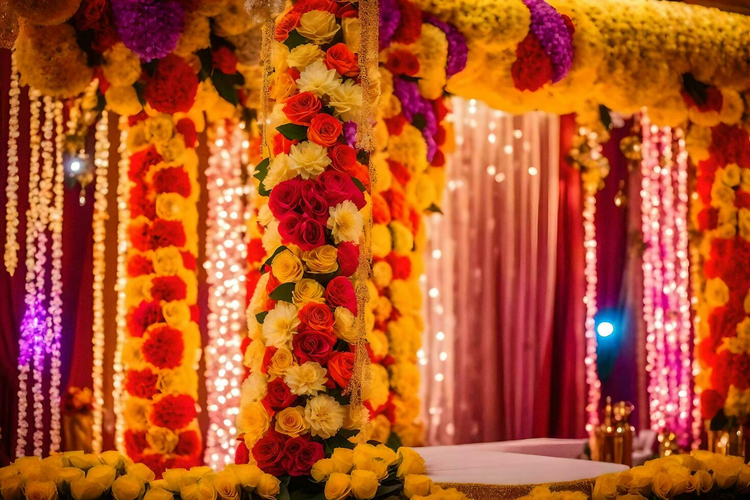 un vistoso Boda etapa decorado con flores y guirnaldas generado por ai foto