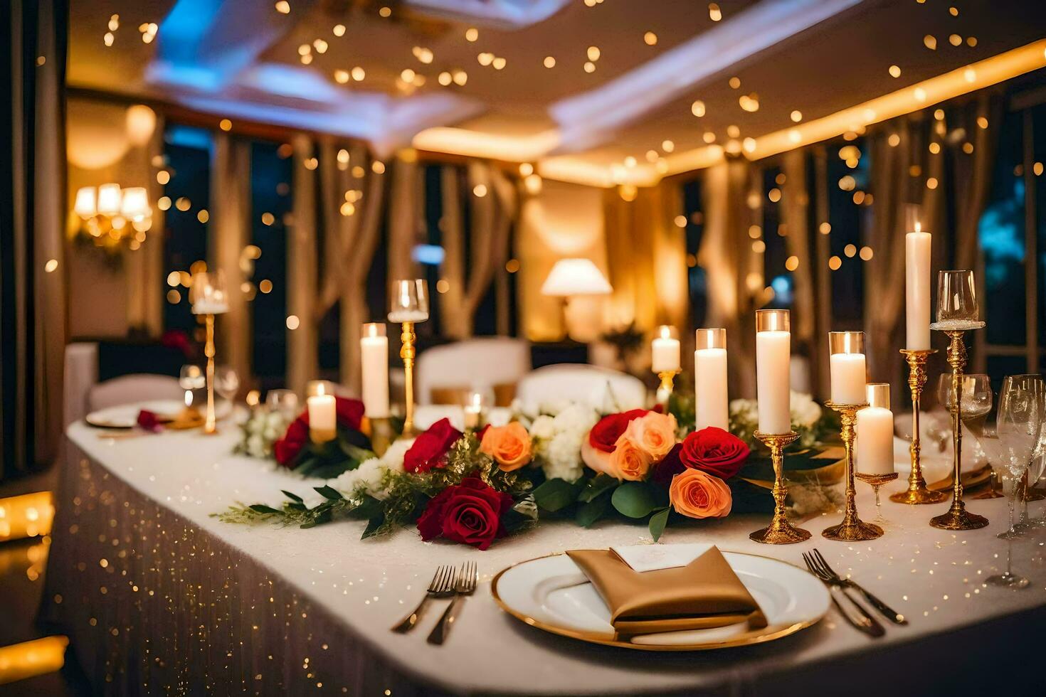 a table with candles and flowers on it. AI-Generated photo