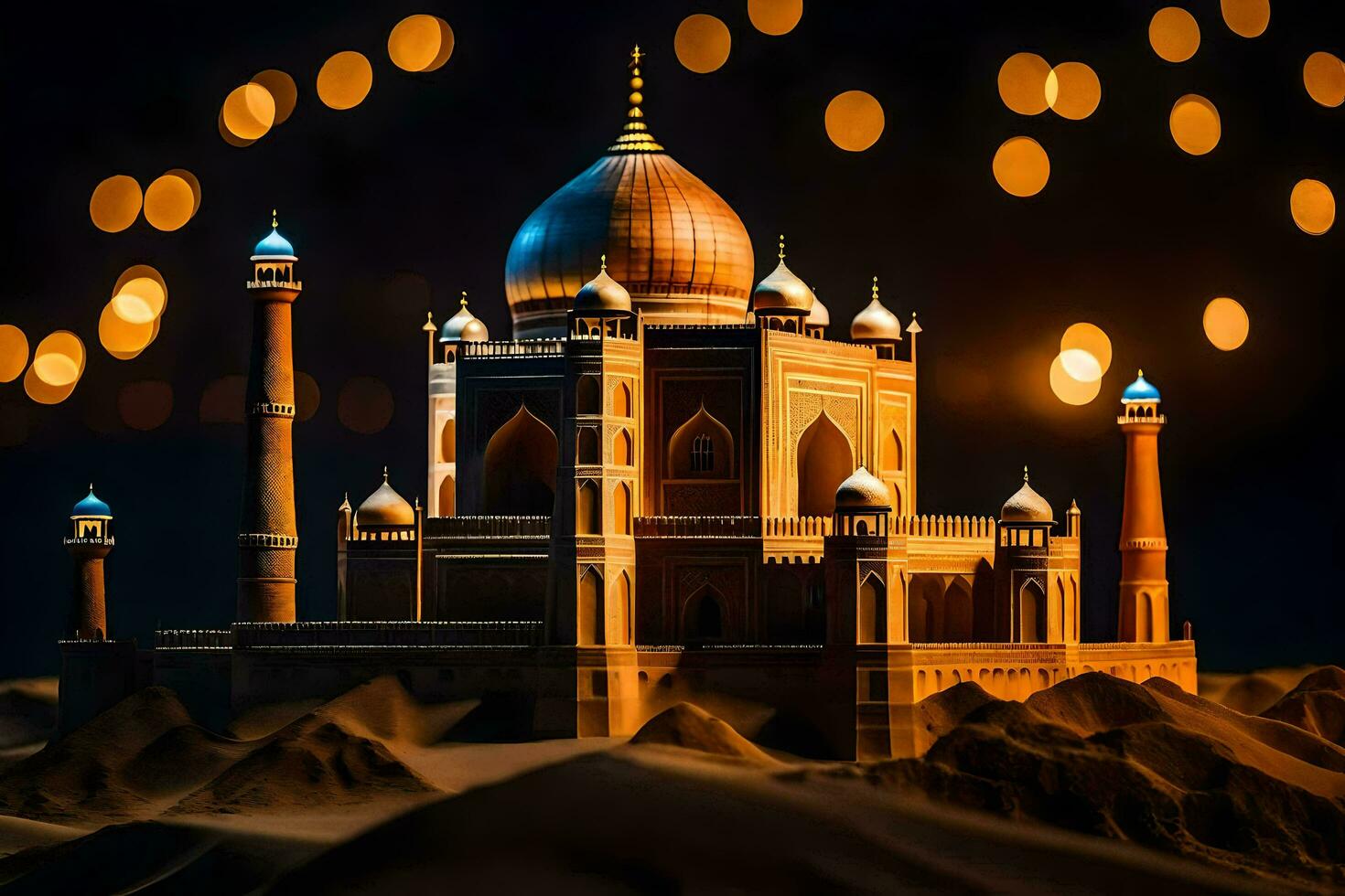 the taj mahal is lit up at night. AI-Generated photo