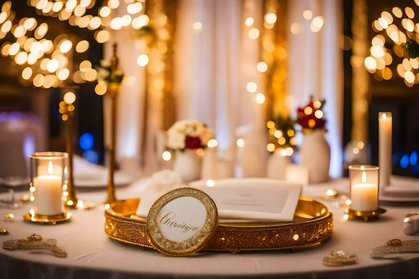 a table with candles and a gold tray. AI-Generated photo