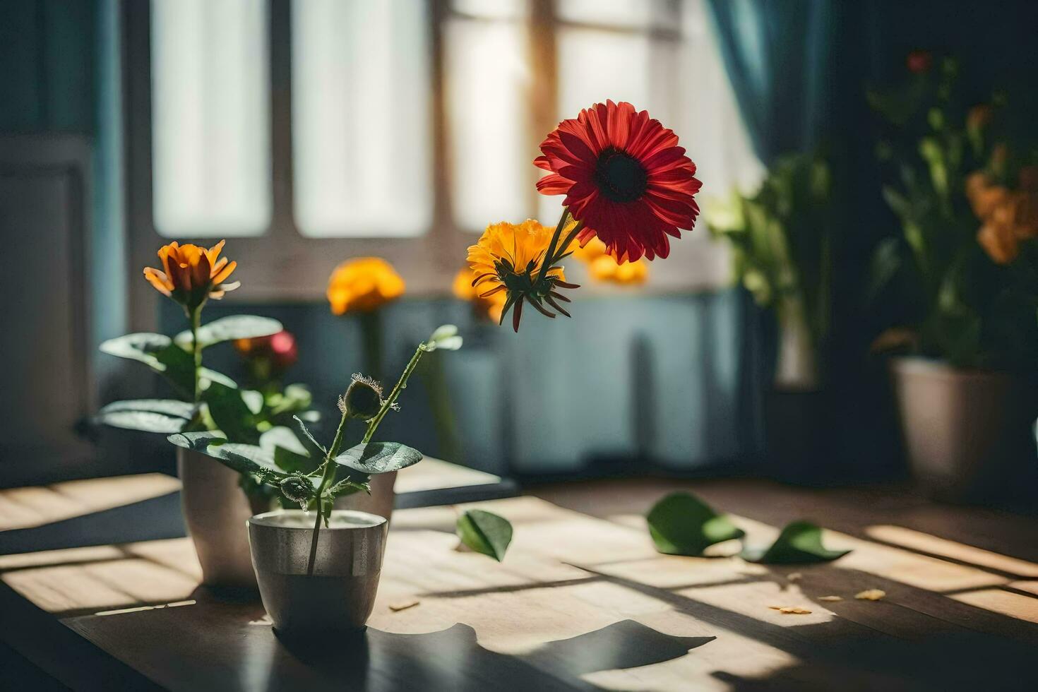 flowers in vases on a table in front of a window. AI-Generated photo