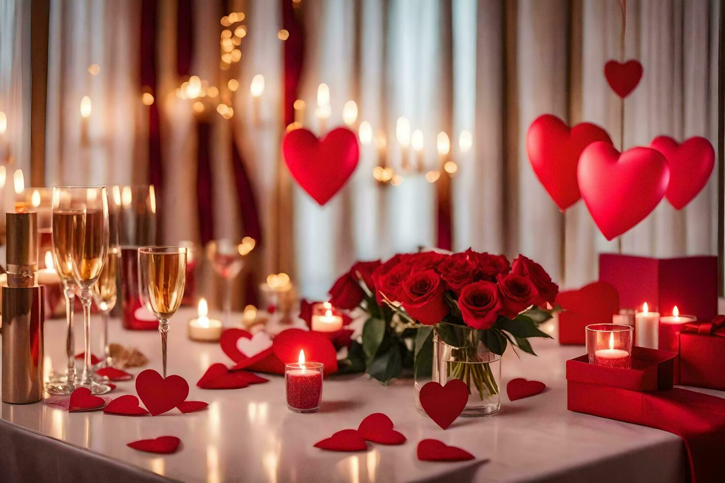 valentine's day table setting with red hearts and candles. AI-Generated photo