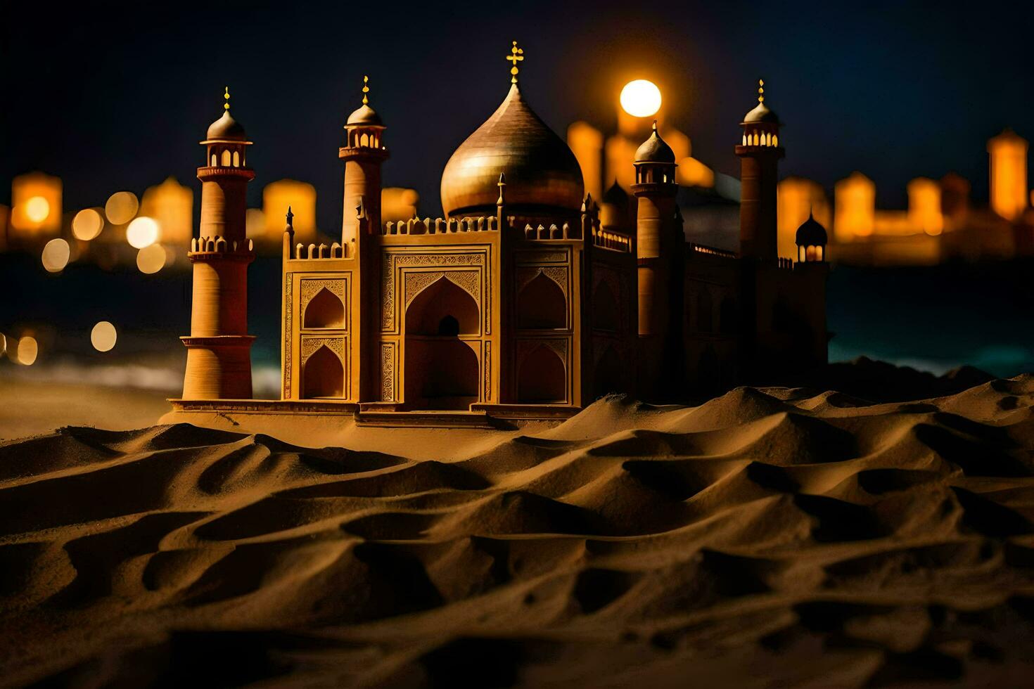a model of a mosque in the desert at night. AI-Generated photo