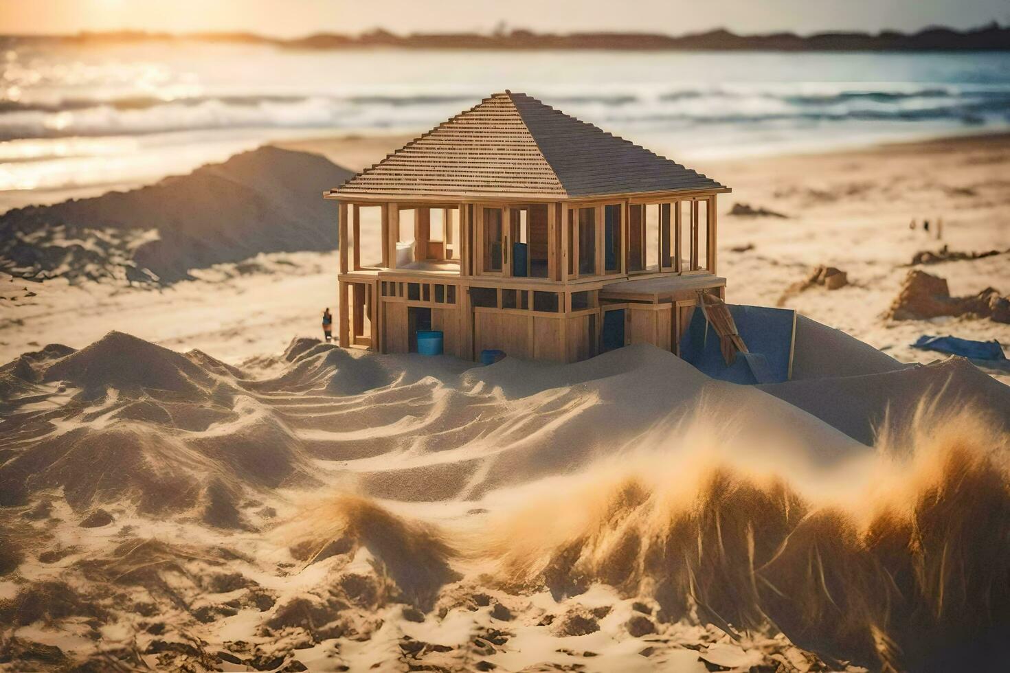 a wooden house on the beach with sand blowing in the wind. AI-Generated photo