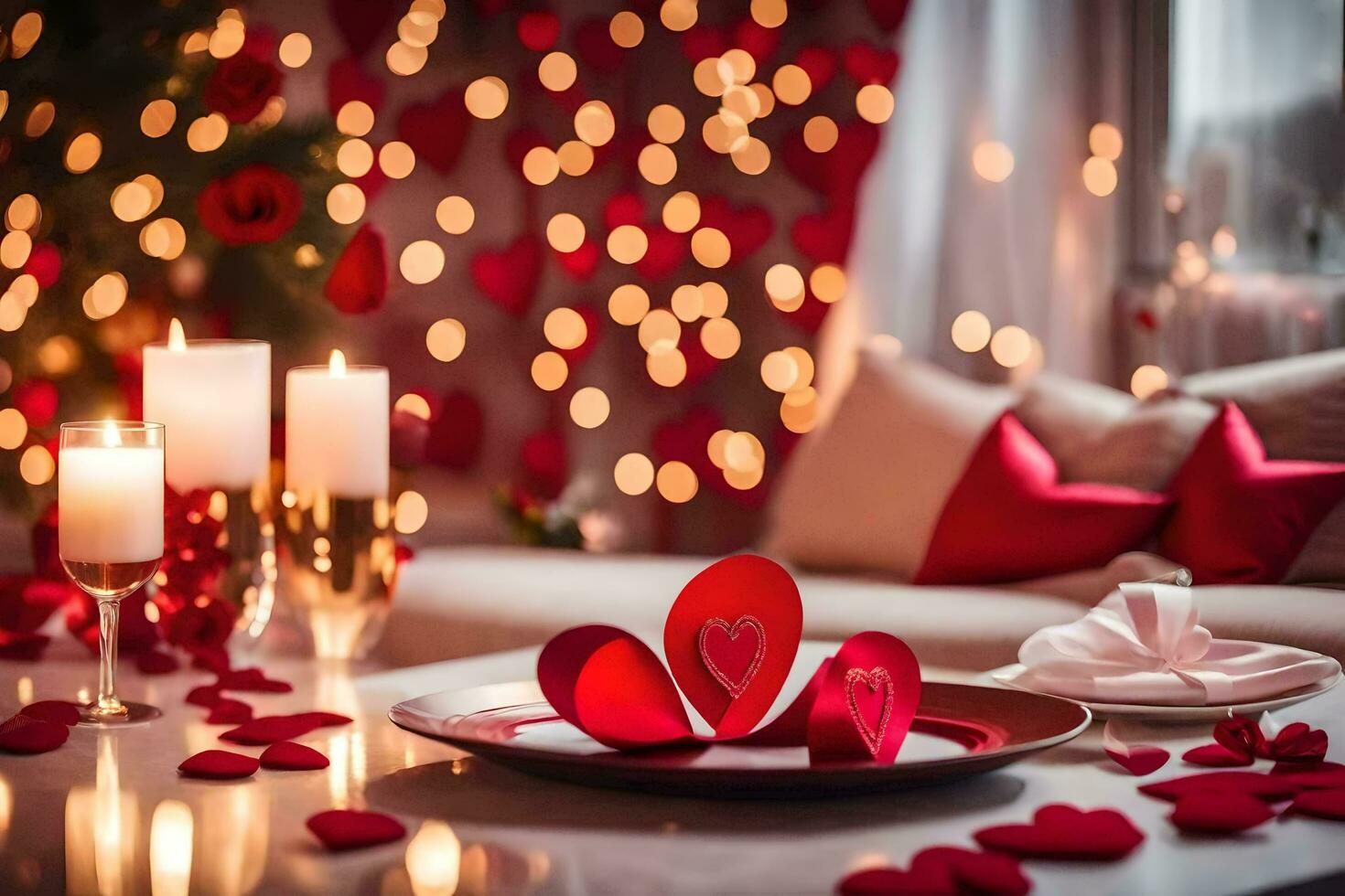 a table with red hearts and candles. AI-Generated photo