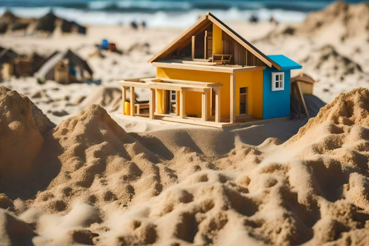 a miniature house on the beach with sand. AI-Generated photo