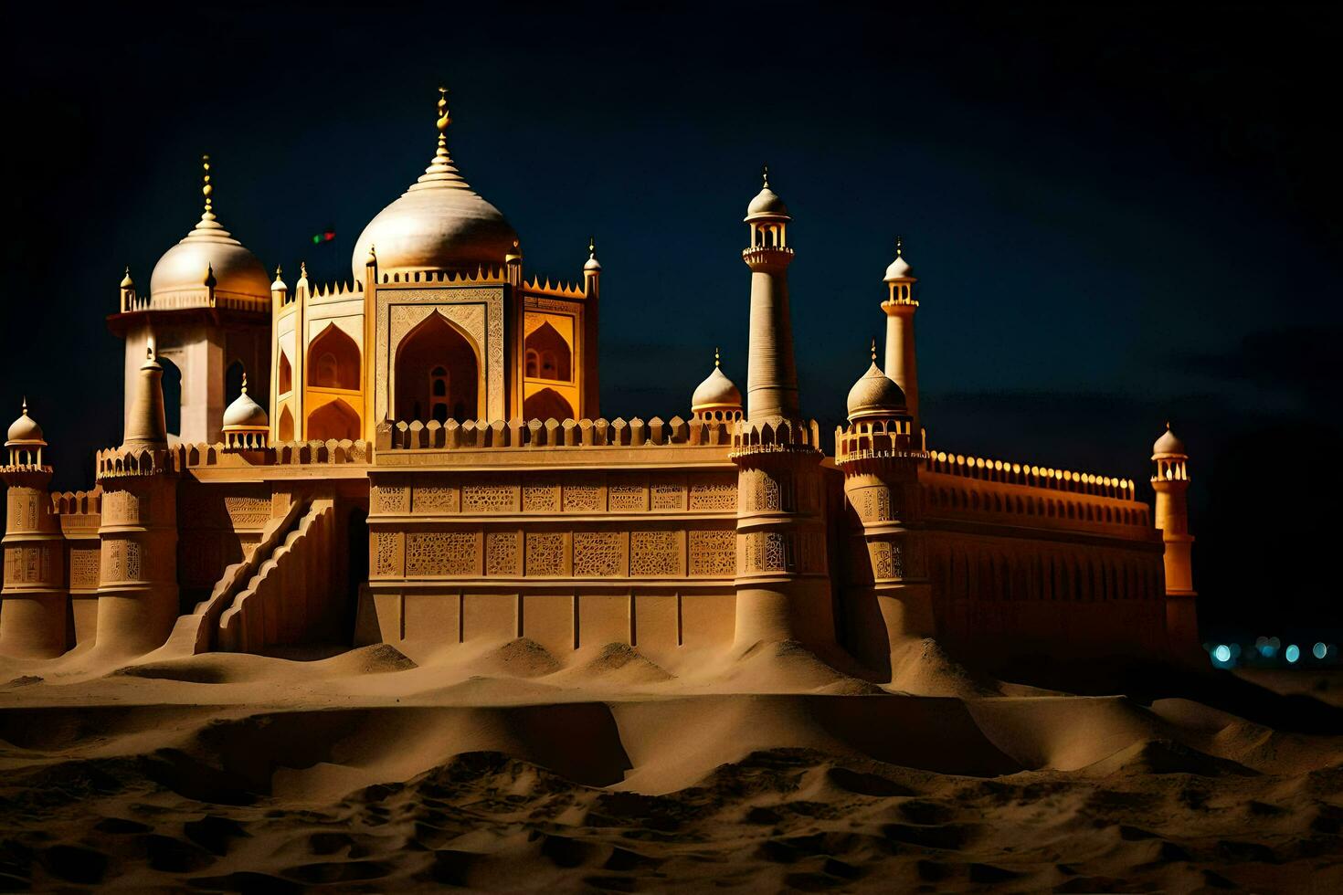 the sand castle is lit up at night. AI-Generated photo