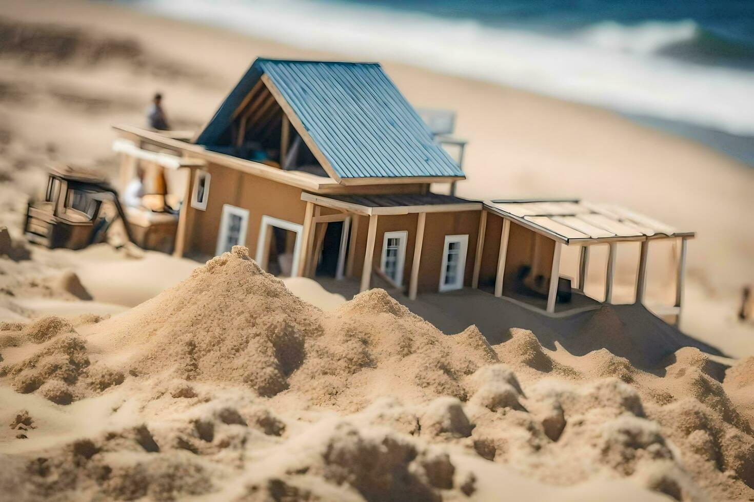 a miniature house on the beach with sand. AI-Generated photo