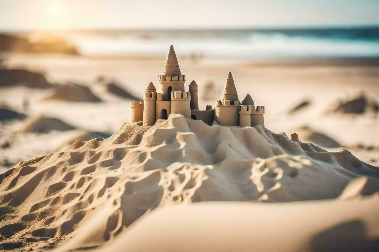 a sand castle on the beach with the sun in the background. AI-Generated photo
