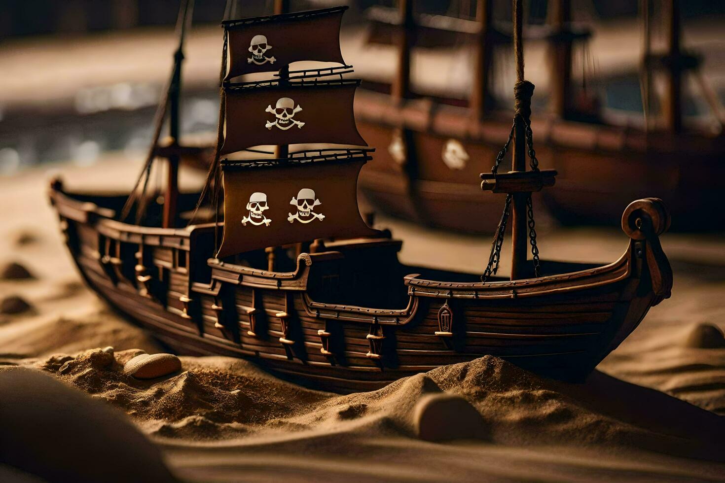 a pirate ship is sitting in the sand. AI-Generated photo
