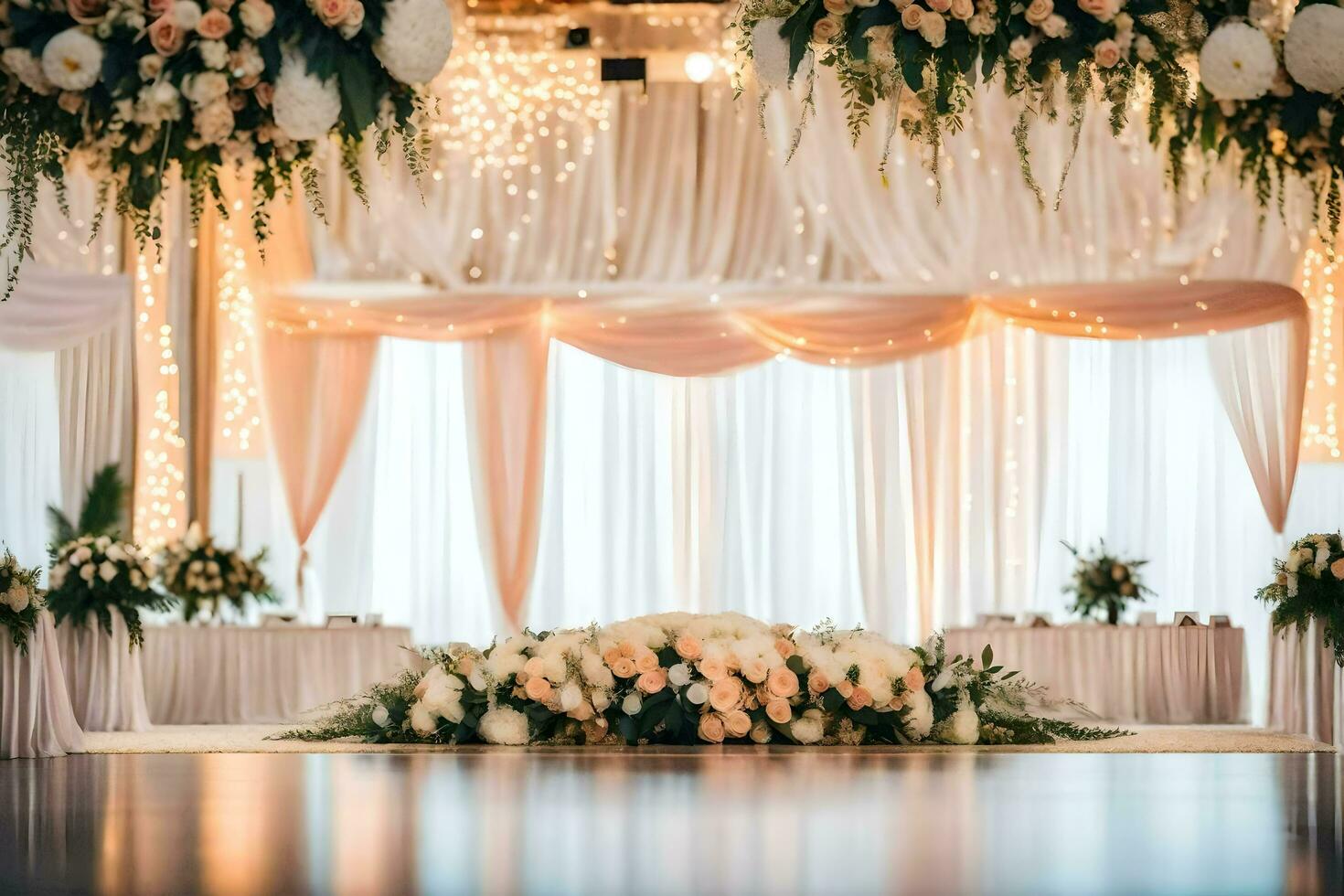 a wedding reception with flowers and white curtains. AI-Generated photo