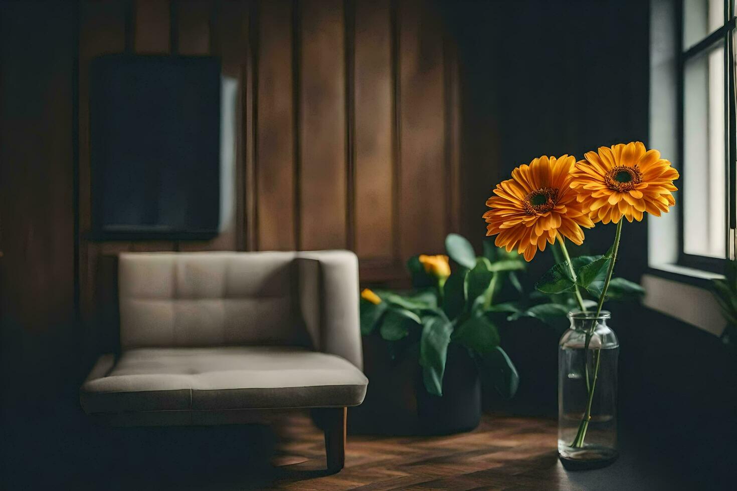 orange flowers in a vase on a wooden floor. AI-Generated photo