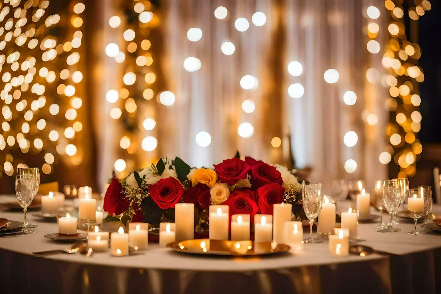 a table with candles and flowers in front of a backdrop of lights. AI-Generated photo