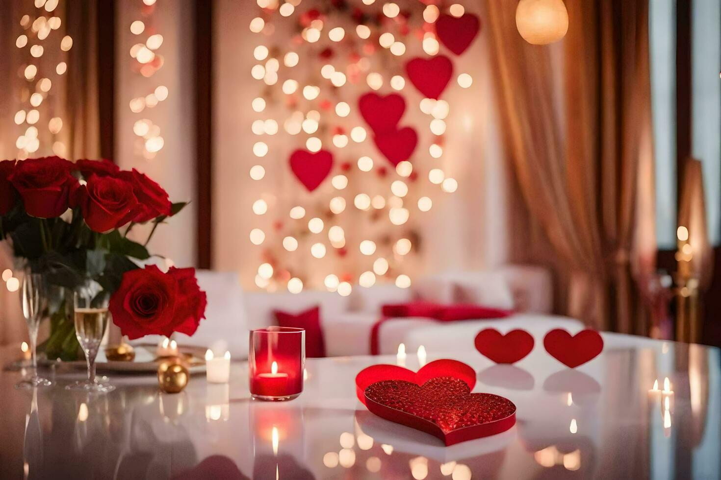 valentine's day table setting with red hearts and candles. AI-Generated photo